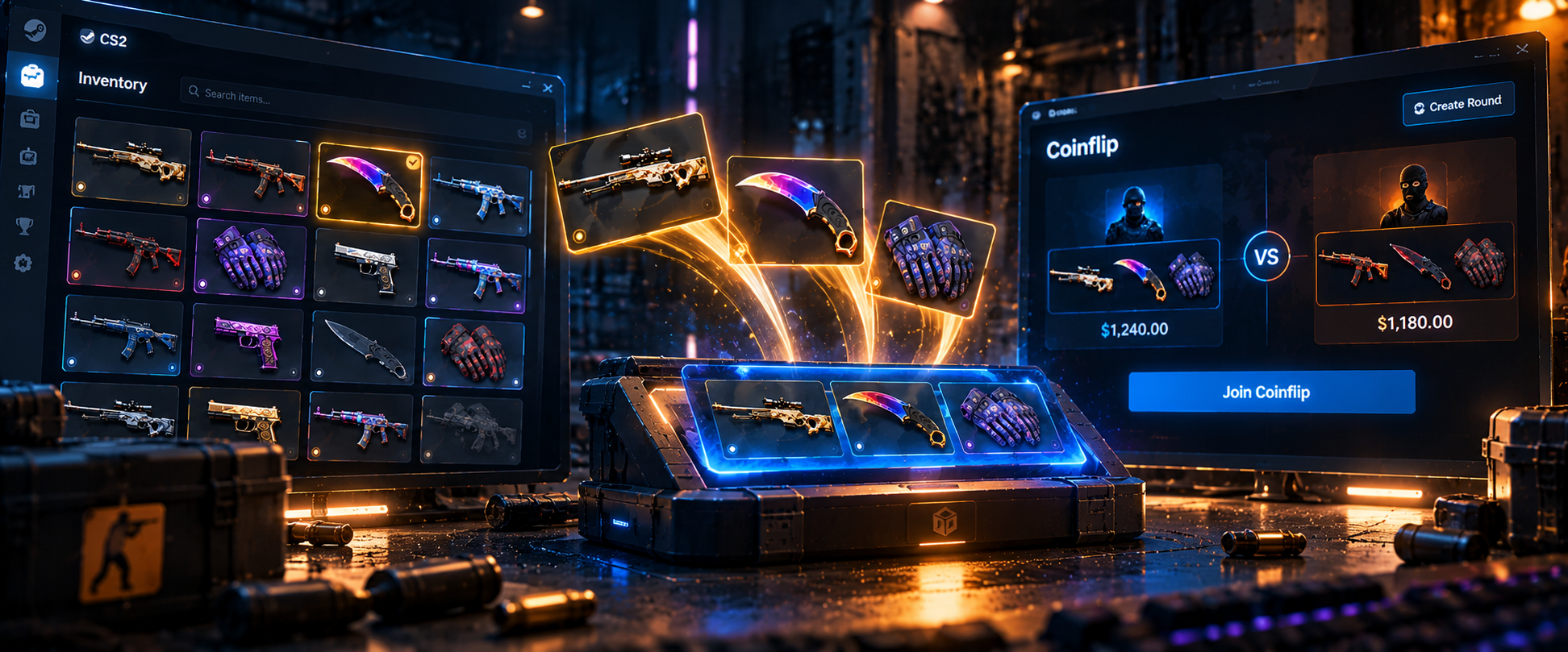 CS2 inventory skins moving into a Coinflip entry